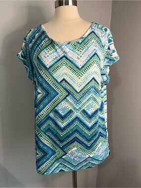 Chico's 3 (XL/16) Multicolor Blue Geometric Chevron Pattern Short Sleeve Top